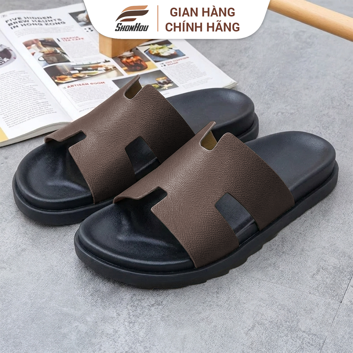 SHONHOU Dép Da Nam chữ H 6 màu Đã Được Khâu Quai Dép Chắc Chắn, Đế Cao Su Êm Mềm- PL3